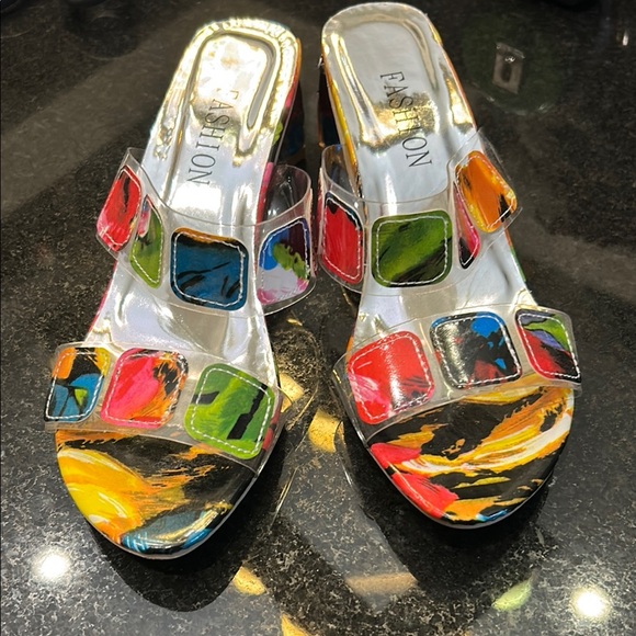 Vibrant Red and Pink Mules with Chunky Heel - Picture 1 of 6